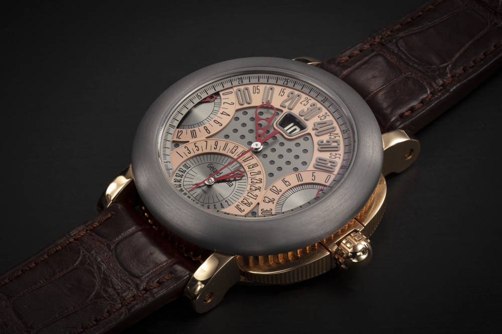 GERALD GENTA, ARENA CHRONO QUATTRO RETRO REF. ABC.Y.55, A GOLD AND TANTALUM AUTOMATIC CHRONOGRAPH - CASE