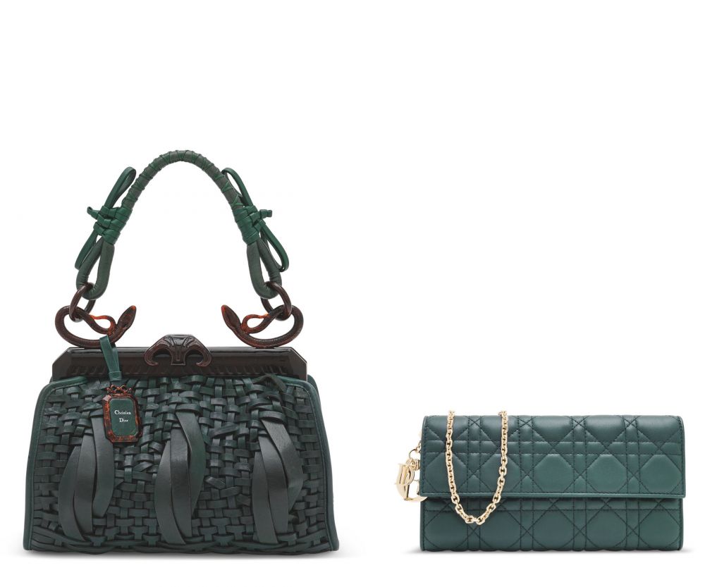 A SET OF TWO: A GREEN WOVEN LEATHER SAMOURAI BAG BY JOHN GALLIANO A GREEN LAMBSKIN LEATHER CANNAGE WALLET ON CHAIN - DIOR, 2007
