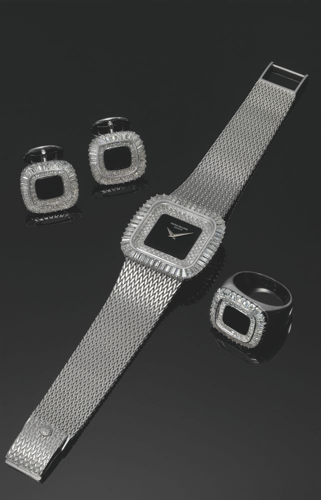 PATEK PHILIPPE, WHITE GOLD AND DIAMONDS, REF. 3625/1 WITH MATCHING RING AND CUFFLINKS - MOVEMENT NO. 1’276’227, CASE NO. 2’764’309