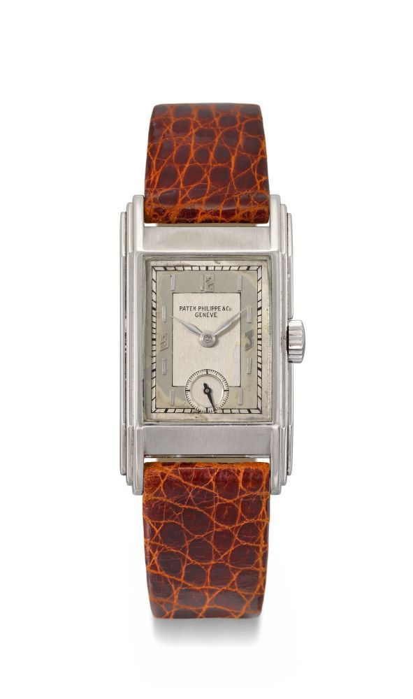 PATEK PHILIPPE, STEEL ‘STAYBRITE’ ART DECO RECTANGULAR WRISTWATCH WITH TWO-TONE SILVERED DIAL, REF. 521 - MOVEMENT NO. 831'717, CASE NO. 615'482