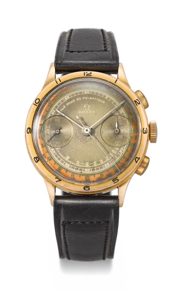 OMEGA, PINK GOLD MULTI-TONE AND MULTI-SCALE DIAL CHRONOGRAPH WRISTWATCH, REF. OU 2087 - MOVEMENT NO. 9’389’659, CASE NO. 9’175’355