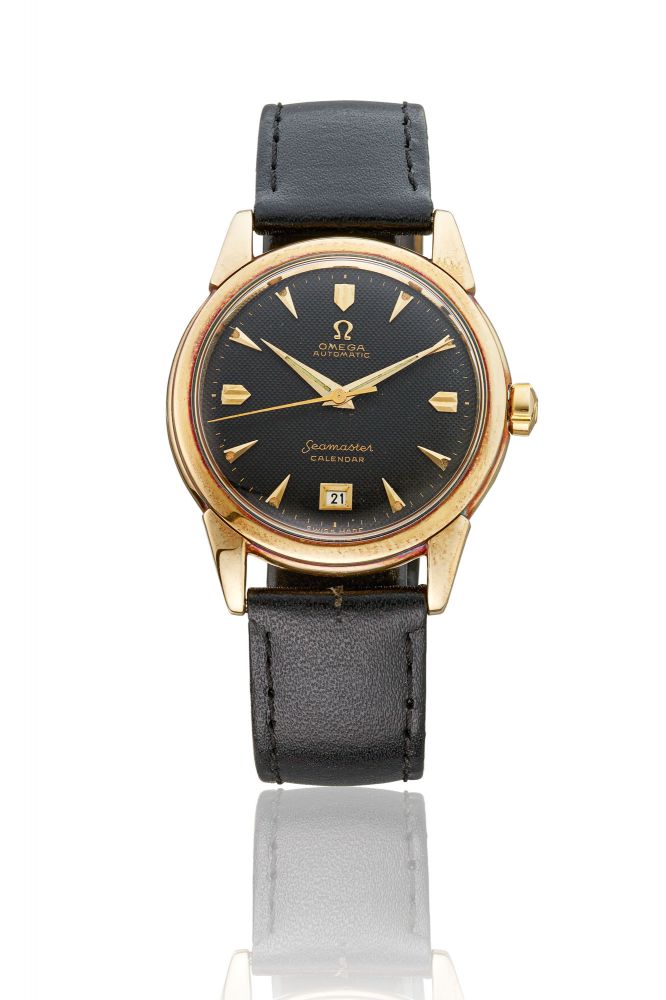 OMEGA, GOLD BLACK HONEYCOMB SEAMASTER CALENDAR WRISTWATCH, REF. 2627 SC - MOVEMENT NO. 12’580’027