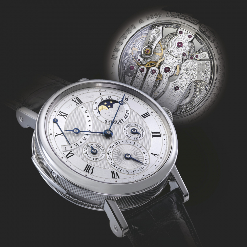 BREGUET. A RARE PLATINUM MINUTE REPEATING PERPETUAL CALENDRAR WRISTWATCH WITH RETROGRADE MONTH, LEAP YEAR INDICATION AND MOON PHASES