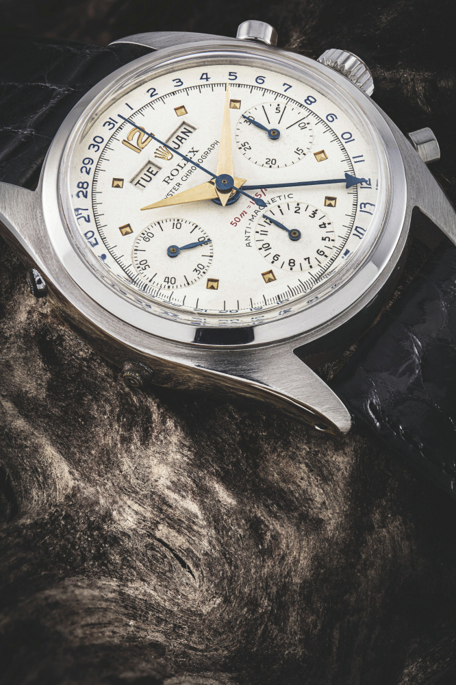 ROLEX. AN EXTREMELY RARE STAINLESS STEEL CHRONOGRAPH TRIPLE CALENDAR WRISTWATCH