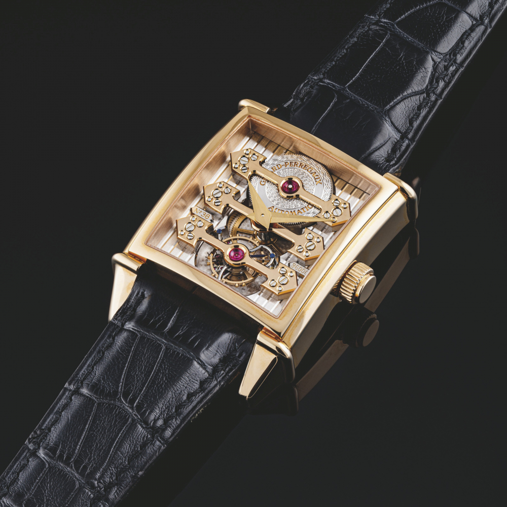 GIRARD-PERREGAUX. AN 18K PINK GOLD RECTANGULAR THREE GOLD BRIDGES TOURBILLON AUTOMATIC WRISTWATCH