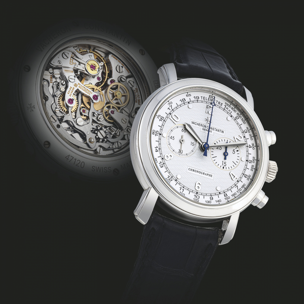 VACHERON CONSTANTIN. AN 18K WHITE GOLD CHRONOGRAPH WRISTWATCH