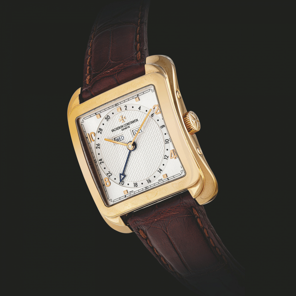 VACHERON CONSTANTIN. AN 18K PINK GOLD CUSHION-SHAPED TRIPLE CALENDAR AUTOMATIC WRISTWATCH