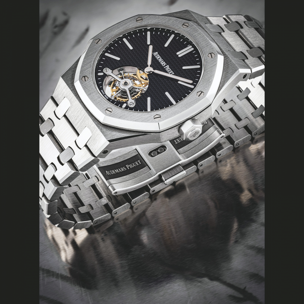 AUDEMARS PIGUET. A STAINLESS STEEL TOURBILLON WRISTWATCH WITH BRACELET