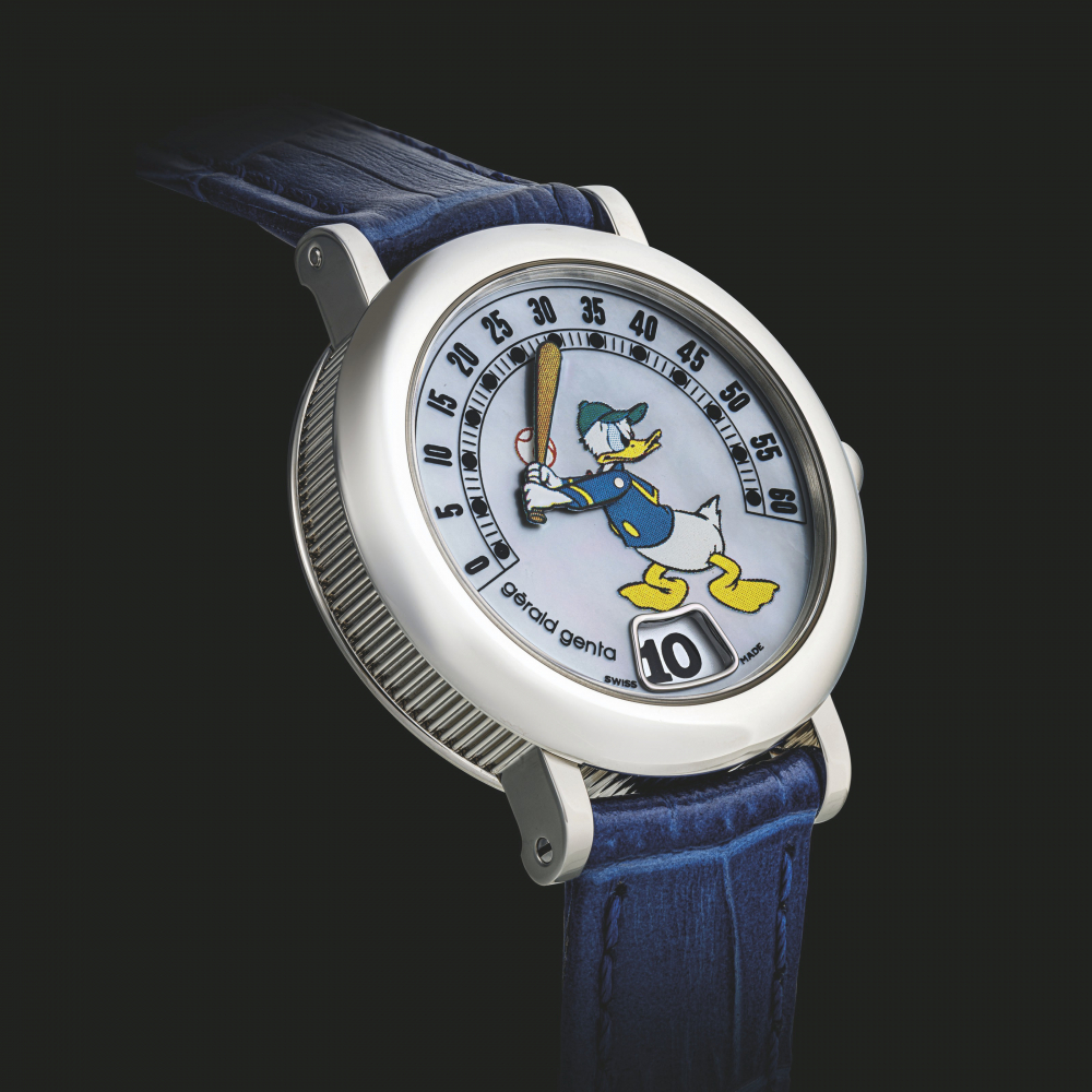 GERALD GENTA. A STAINLESS STEEL AUTOMATIC JUMP HOUR WRISTWATCH WITH RETROGRADE MINUTES AND MOTHER-OF-PEARL DIAL