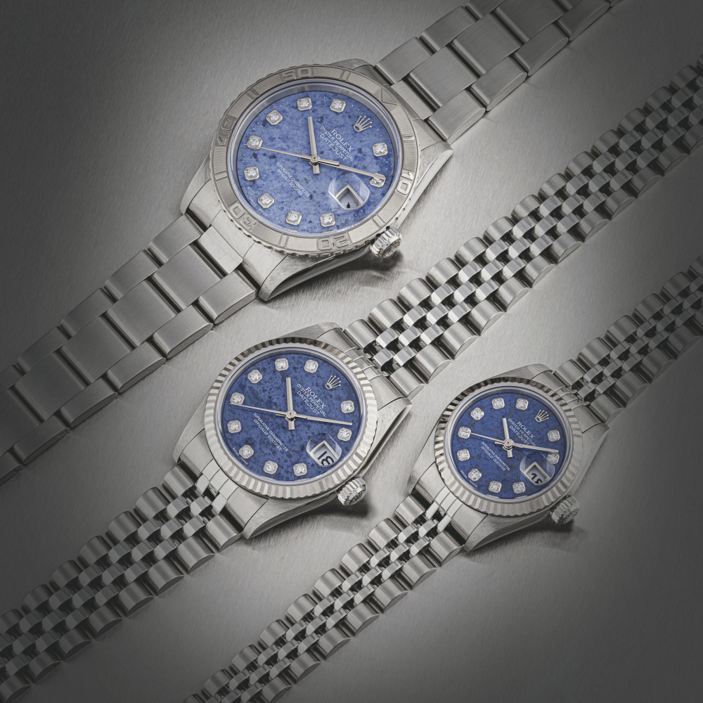 ROLEX. A GROUP OF THREE STAINLESS STEEL AND 18K WHITE GOLD AUTOMATIC WRISTWATCH WITH SODALITE AND DIAMOND-SET DIAL, SWEEP CENTRE SECOND, DATE AND BRACELET