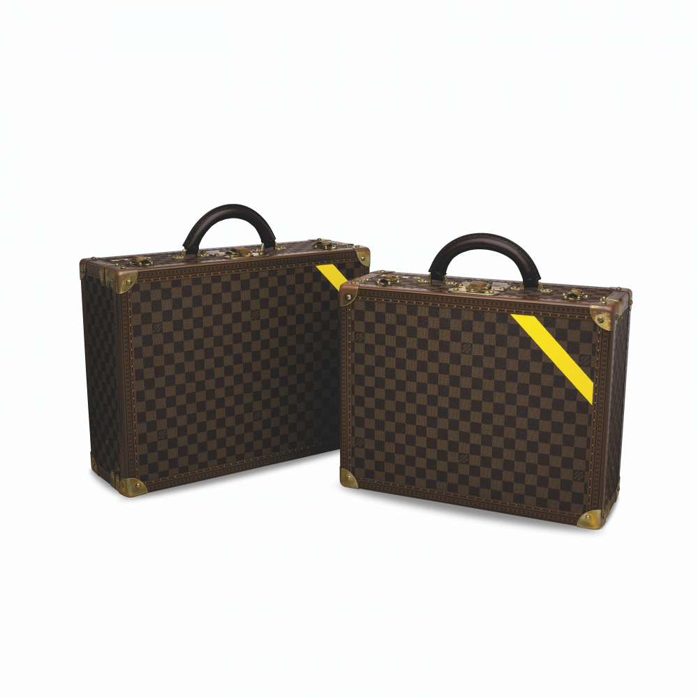 A SET OF TWO: DAMIER CANVAS COTTEVILLE TRUNKS 45 40 WITH HAND PAINTED YELLOW STRIP BRASS HARDWARE