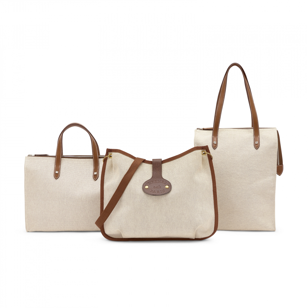 A SET OF THREE: TWO NATUREL BARENIA TOILE H CANVAS TOTE BAGS AND A TOILE MARRON FONCÉ EPSOM LEATHER CROSS BODY - HERMÈS