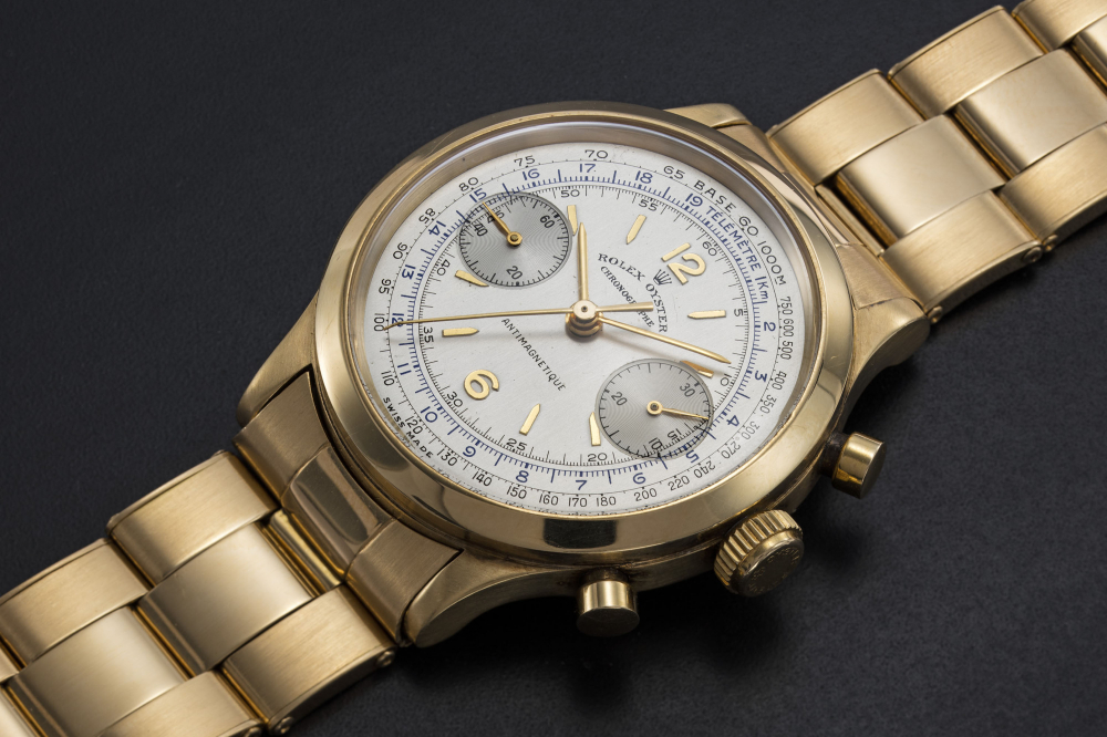 ROLEX, AN EXTREMELY RARE GOLD OYSTER CHRONOGRAPH ANTIMAGNETIQUE WRISTWATCH WITH BRACELET, REF. 3525 - CASE