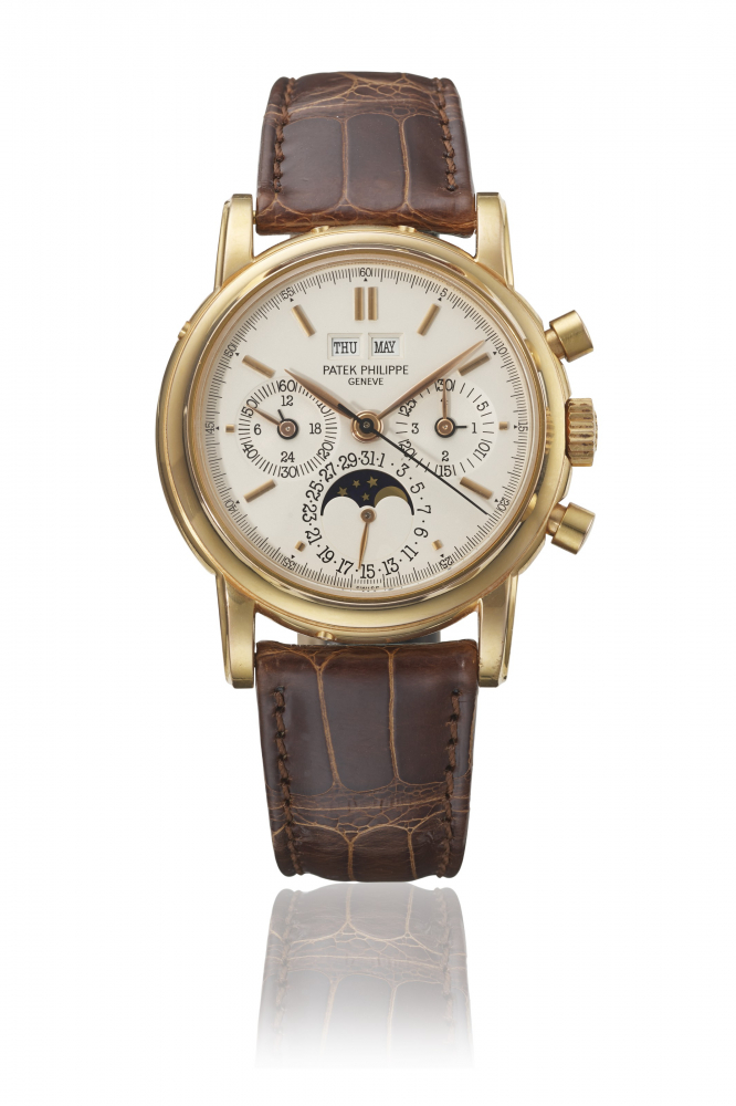 PATEK PHILIPPE. A VERY RARE 18K PINK GOLD PERPETUAL CALENDAR CHRONOGRAPH WRISTWATCH WITH MOON PHASES, 24 HOUR, LEAP YEAR INDICATION AND CERTIFICATE OF ORIGIN