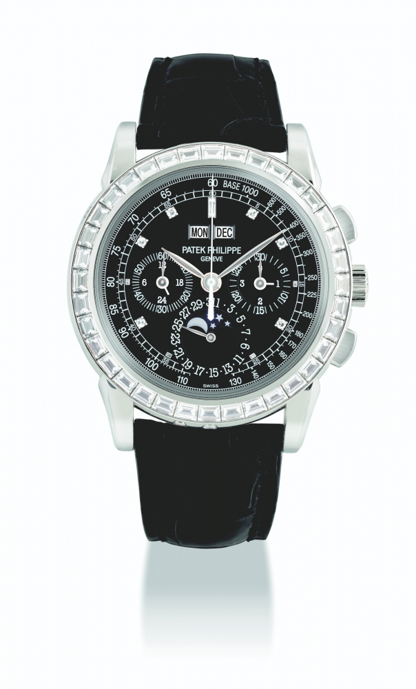 PATEK PHILIPPE. A VERY RARE PLATINUM AND DIAMOND-SET PERPETUAL CALENDAR CHRONOGRAPH WRISTWATCH WITH MOON PHASES, 24-HOUR, LEAP YEAR INDICATION, CERTIFICATE OF ORIGIN AND BOX