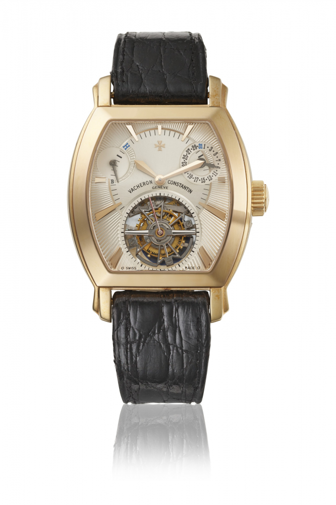 VACHERON CONSTANTIN. A RARE AND ATTRACTIVE 18K PINK GOLD TONNEAU-SHAPED TOURBILLON WRISTWATCH WITH DATE, POWER RESERVE AND CERTIFICATES