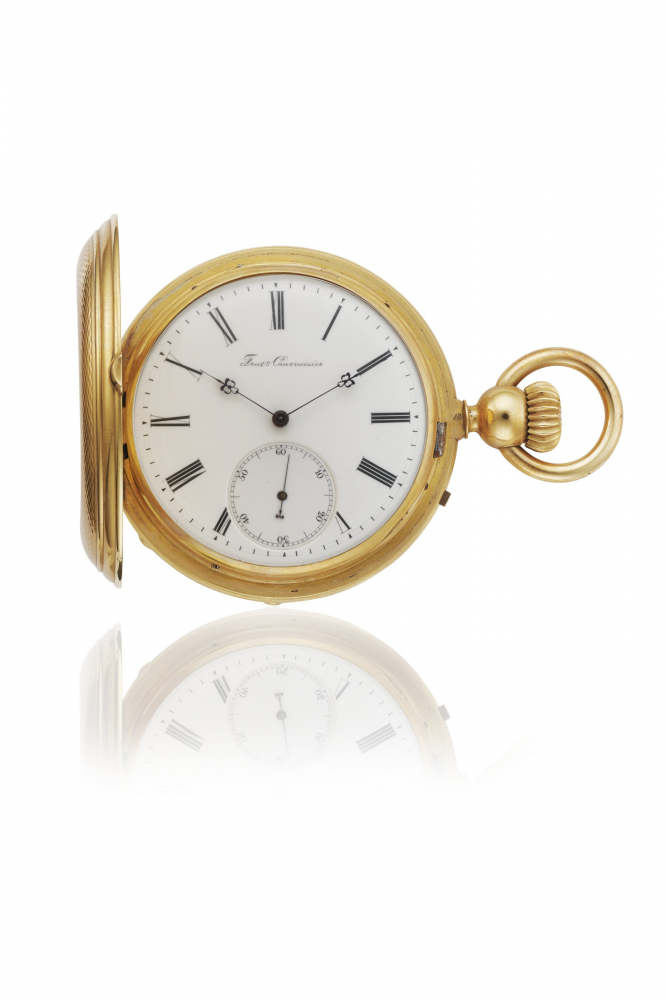 FRÉDÉRIC COURVOISIER. AN EXCEPTIONALLY FINE AND VERY RARE 18K GOLD HUNTER CASE KEYLESS ONE-MINUTE TOURBILLON POCKET CHRONOMETER WITH PIVOTED DETENT ESCAPEMENT AND AMPLITUDE-CONTROLLING DEVICE, CARRIAGE BY ERNEST GUINAND