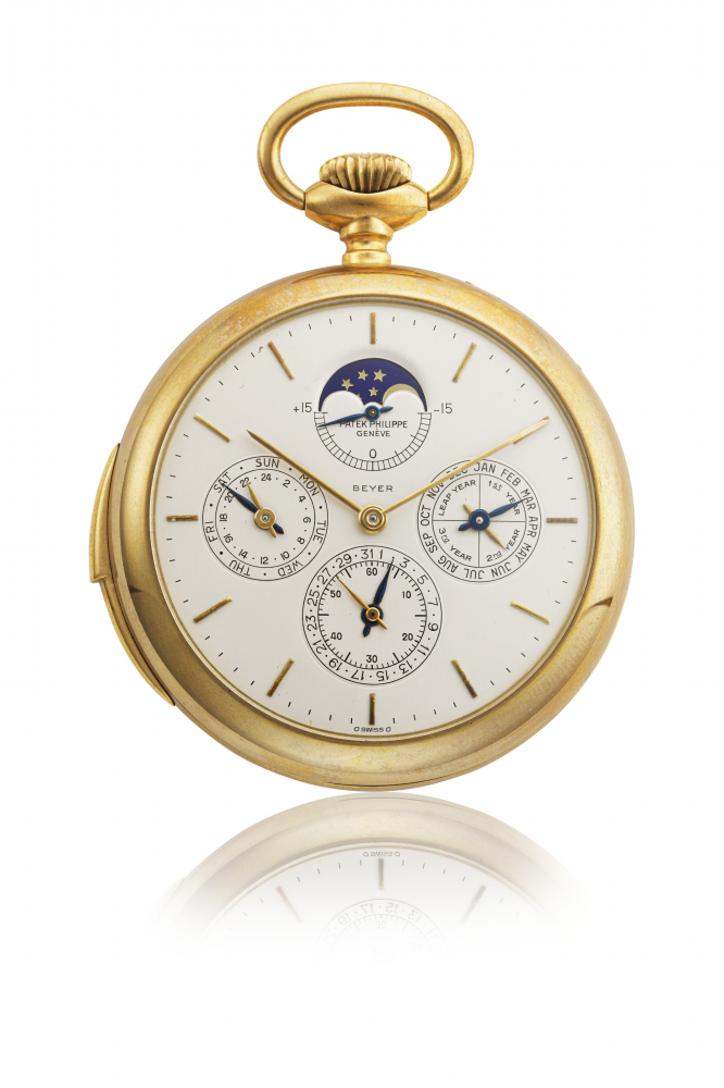 PATEK PHILIPPE. AN EXTREMELY FINE, IMPORTANT AND POSSIBLY UNIQUE 18K GOLD OPENFACE MINUTE REPEATING PERPETUAL CALENDAR KEYLESS LEVER WATCH WITH MOON PHASES, FOUR YEAR CYCLE INDICATION, 24-HOUR INDICATION AND EQUATION OF TIME