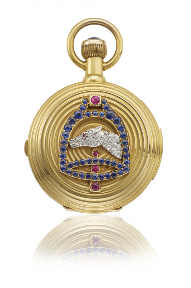 C.H. MEYLAN. AN EXTREMELY FINE AND EXCEPTIONAL 18K GOLD AND PLATINUM AQUAMARINE, SAPPHIRE, DIAMOND AND RUBY-SET HUNTER CASE KEYLESS LEVER MINUTE REPEATING PERPETUAL CALENDAR CHRONOGRAPH WATCH WITH MOON PHASES