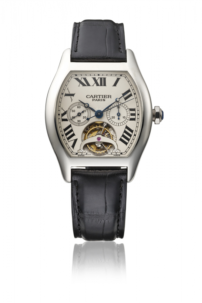 CARTIER. A VERY RARE PLATINUM LIMITED EDITION TONNEAU-SHAPED MONOPUSHER CHRONOGRAPH WRISTWATCH WITH TOURBILLON, CERTIFICATE AND BOX