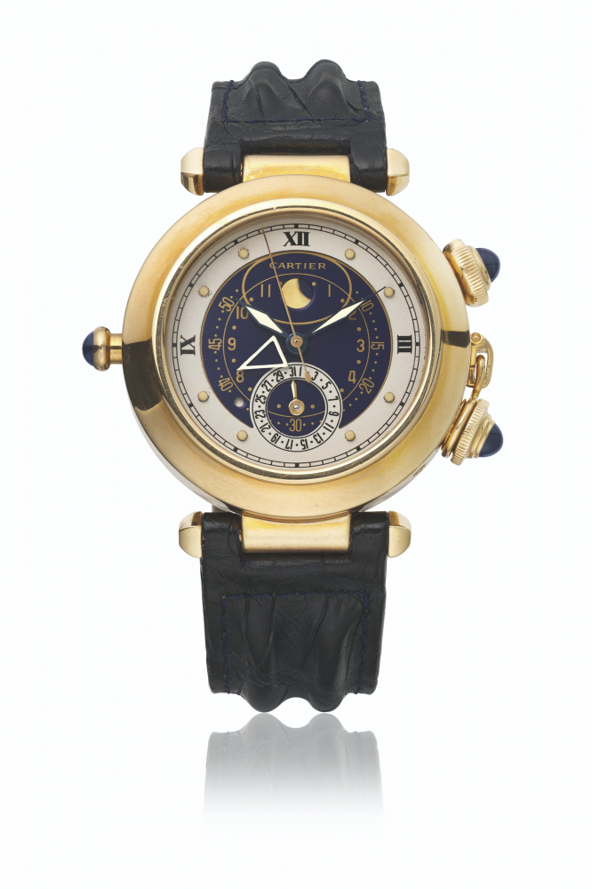 CARTIER. AN ATTRACTIVE 18K GOLD WRISTWATCH WITH SWEEP CENTRE SECONDS, ALARM, MOON PHASES AND DATE