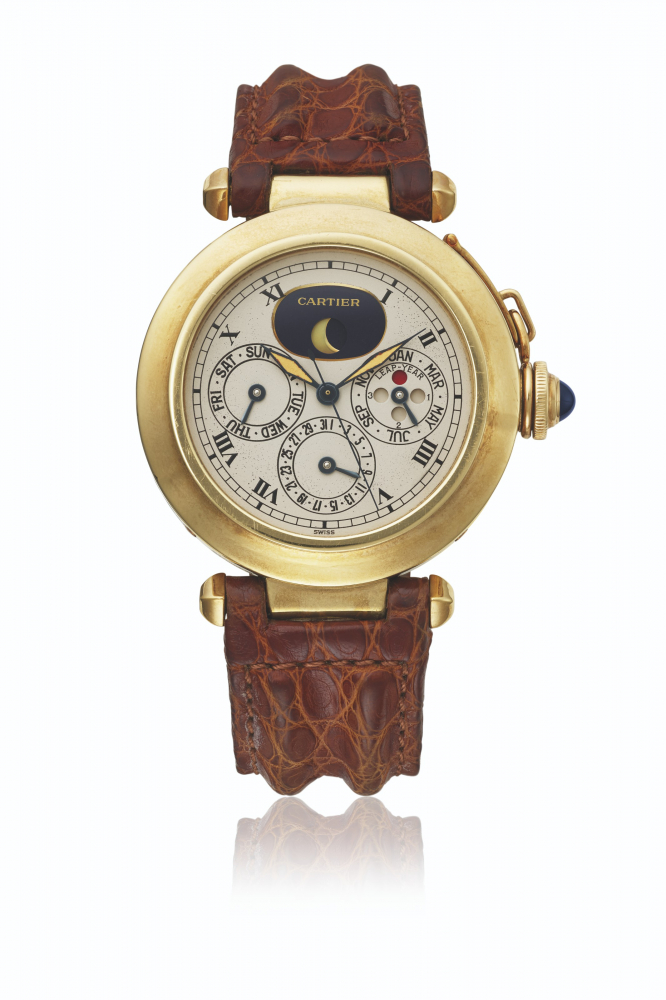CARTIER. AN ATTRACTIVE 18K GOLD PERPETUAL CALENDAR WRISTWATCH WITH SWEEP CENTRE SECONDS, MOON PHASES, LEAP-YEAR INDICATION AND BOX