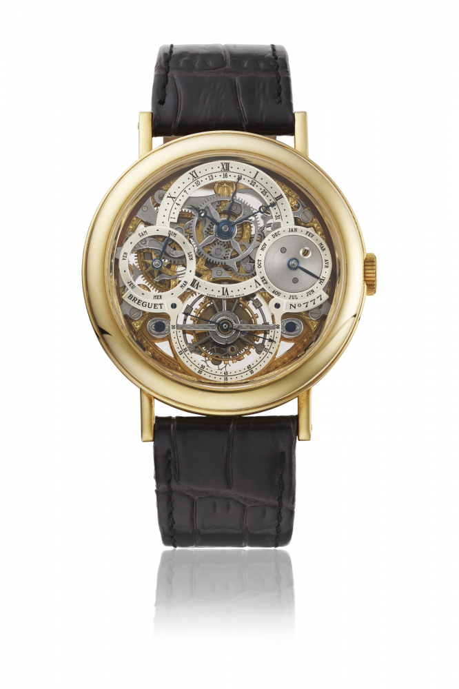 BREGUET. A RARE AND ATTRACTIVE 18K GOLD SKELETONIZED PERPETUAL CALENDAR TOURBILLON WRISTWATCH WITH RETROGRADE DATE, LEAP YEAR INDICATION, CERTIFICATE AND BOX