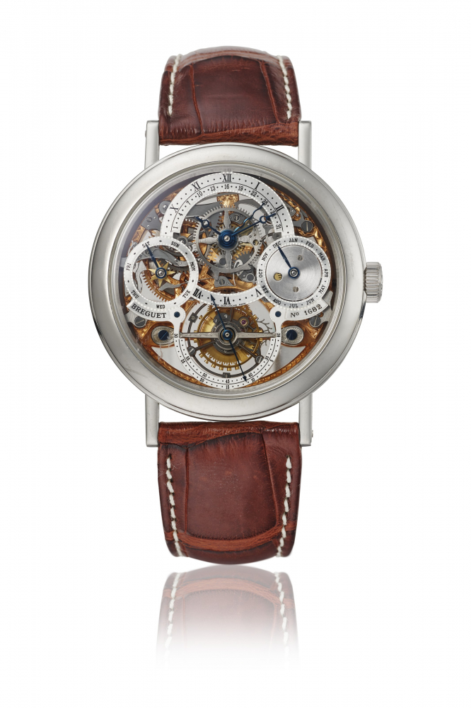 BREGUET. A RARE PLATINUM SKELETONISED PERPETUAL CALENDAR TOURBILLON WRISTWATCH WITH RETROGRADE DATE AND LEAP YEAR INDICATION