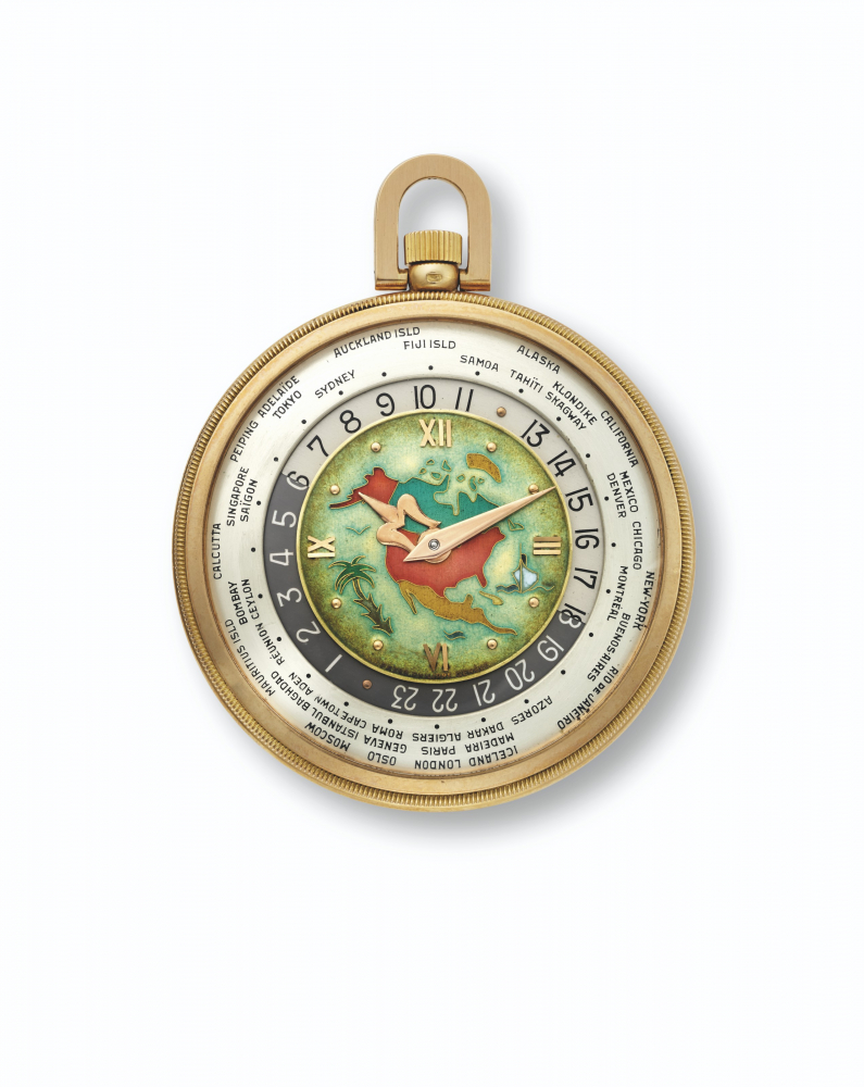 PATEK PHILIPPE. A VERY FINE, RARE AND HIGHLY IMPORTANT 18K PINK GOLD OPENFACE KEYLESS LEVER WORLD TIME WATCH WITH POLYCHROME CLOISONNÉ ENAMEL DIAL REPRESENTING A MAP OF NORTH AMERICA WITH BOX