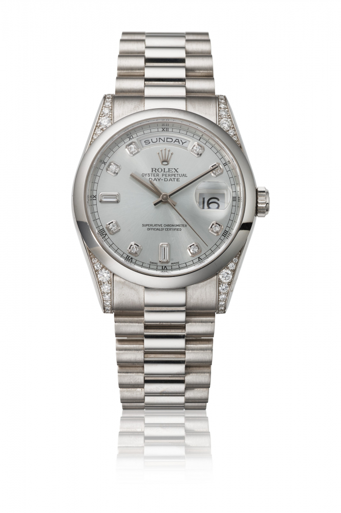 ROLEX. A RARE PLATINUM AND DIAMOND-SET AUTOMATIC WRISTWATCH WITH SWEEP CENTRE SECONDS, DAY, DATE, BRACELET, GUARANTEE AND BOX