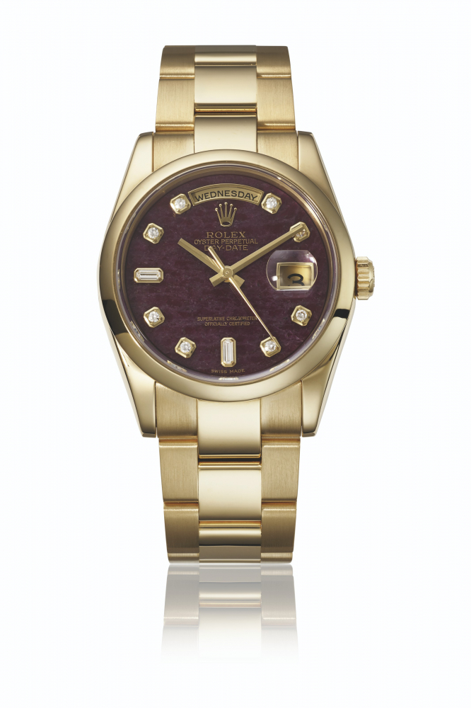 ROLEX. AN EXTREMELY ATTRACTIVE 18K GOLD AND DIAMOND-SET AUTOMATIC WRISTWATCH WITH SWEEP CENTRE SECONDS, DAY, DATE, BRACELET AND GROSSULAR GARNET RUBELLITE DIAL