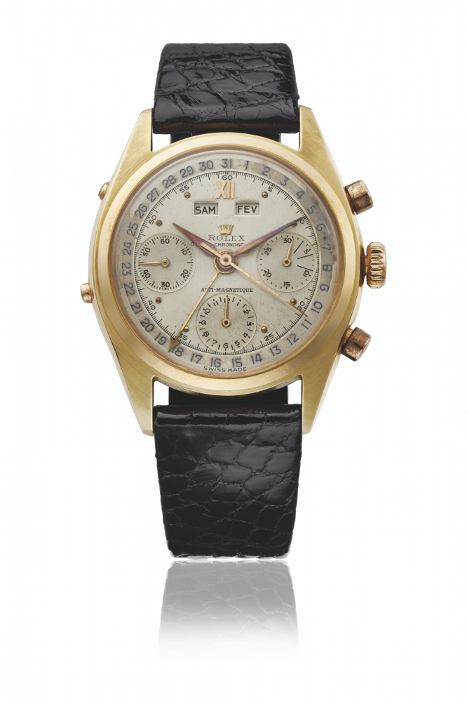 ROLEX. A VERY RARE AND ATTRACTIVE 18K GOLD TRIPLE CALENDAR CHRONOGRAPH WRISTWATCH