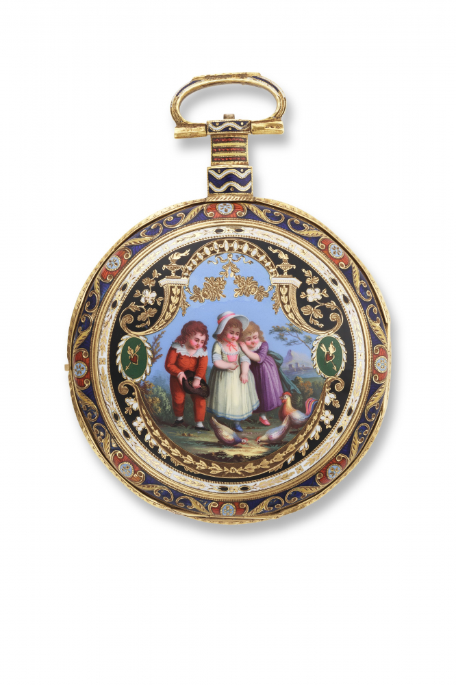 ILBERY. AN EXTREMELY FINE AND IMPORTANT 18K GOLD AND ENAMEL OPENFACE POCKET CHRONOMETER WITH PETO CROSS DETENT ESCAPEMENT, THE ENAMEL ATTRIBUTED TO JEAN-LOUIS RICHTER, MADE FOR THE CHINESE MARKET