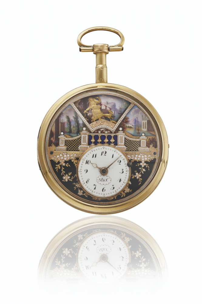 ROBERT COURVOISIER. A FINE, RARE AND ATTRACTIVE 18K GOLD AND ENAMEL CYLINDER WATCH WITH FOUR AUTOMATON SCENES