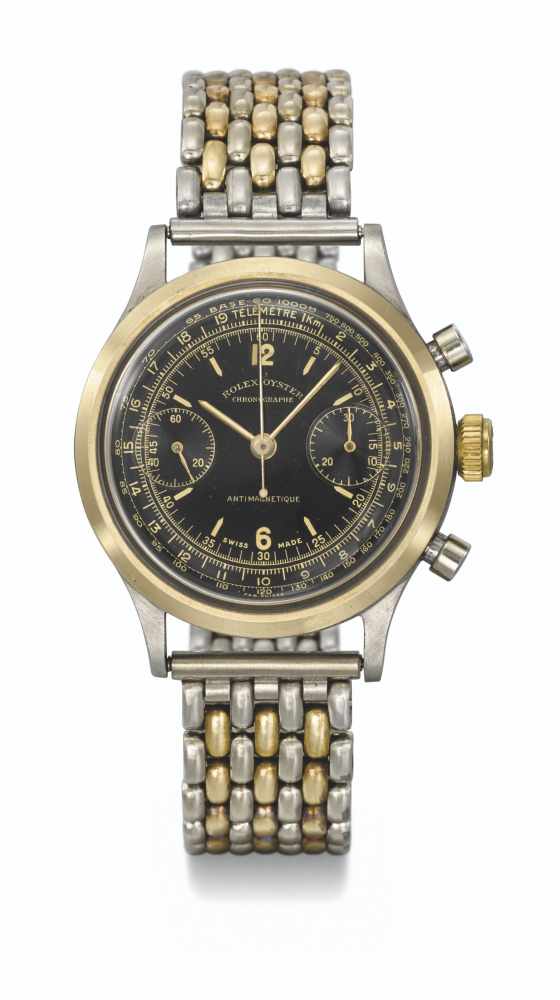 ROLEX. AN EXTREMELY RARE STAINLESS STEEL AND GOLD CHRONOGRAPH WRISTWATCH WITH BLACK DIAL AND BRACELET