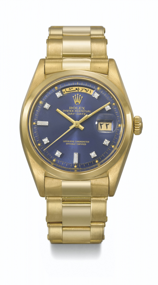 ROLEX. A RARE 18K GOLD AND DIAMOND-SET AUTOMATIC WRISTWATCH WITH SWEEP CENTRE SECONDS, ARABIC CALENDAR AND BRACELET