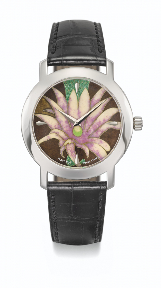 PATEK PHILIPPE. A VERY RARE 18K WHITE GOLD AUTOMATIC WRISTWATCH WITH WHITE FLOWERS CLOISONNE ENAMEL DIAL, CERTIFICATE OF ORIGIN AND BOX