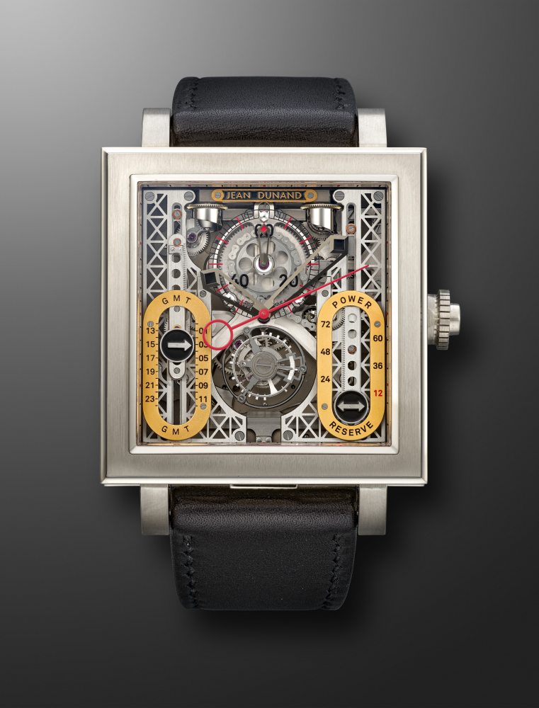 JEAN DUNAND, UNIQUE PIECE WHITE GOLD AND TITANIUM TOURBILLON, MONOPUSHER CHRONOGRAPH, GMT AND POWER RESERVE 'PALACE 5202' -