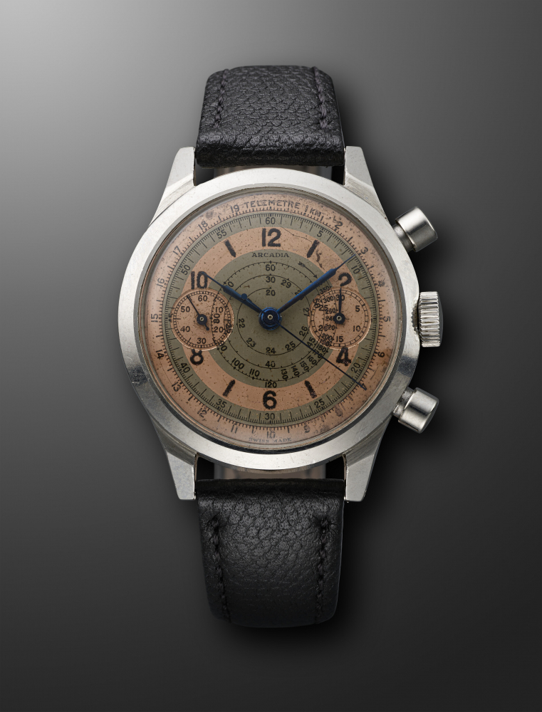 ARCADIA, STAINLESS STEEL CHRONOGRAPH WITH TWO-TONE SECTOR DIAL -