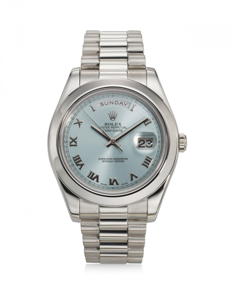 ROLEX, REF. 218206, A VERY FINE PLATINUM WRISTWATCH WITH DAY, DATE, AND "GLACIER BLUE" DIAL