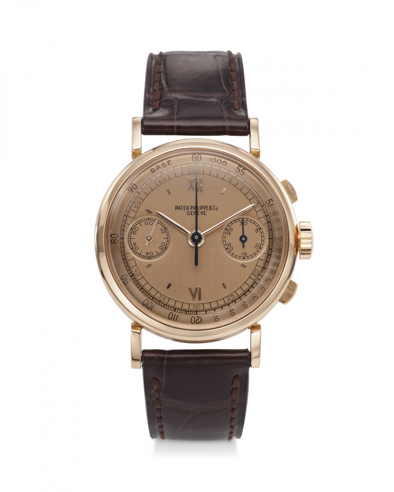PATEK PHILIPPE, REF. 591, A VERY FINE AND RARE 18K ROSE GOLD CHRONOGRAPH WRISTWATCH WITH PINK DIAL