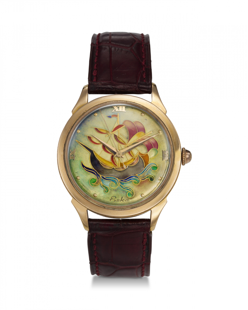 ESKA, A VERY FINE AND RARE 18K ROSE GOLD WRISTWATCH WITH CLOISONNÉ ENAMEL DIAL