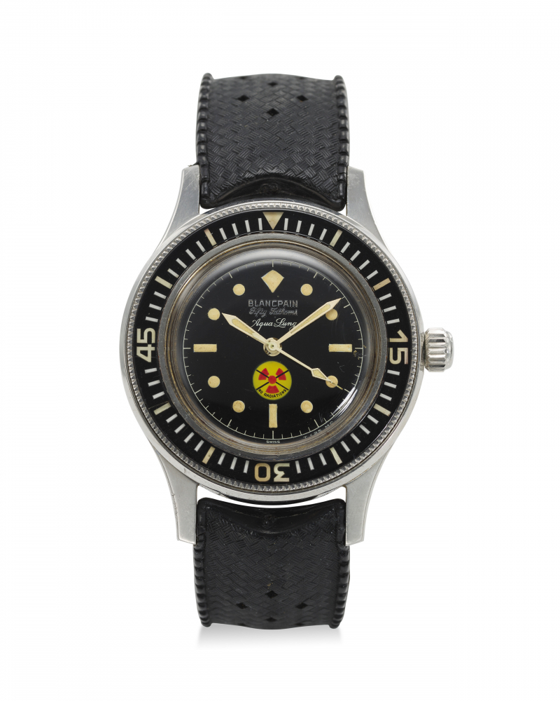 BLANCPAIN, FIFTY FATHOMS AQUA LUNG, “NO RADIATION”, A VERY FINE AND RARE STEEL DIVER’S WRISTWATCH