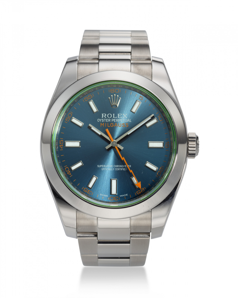 ROLEX, REF. 116400GV, MILGAUSS, A FINE STEEL WRISTWATCH WITH BLUE DIAL AND GREEN SAPPHIRE CRYSTAL -
