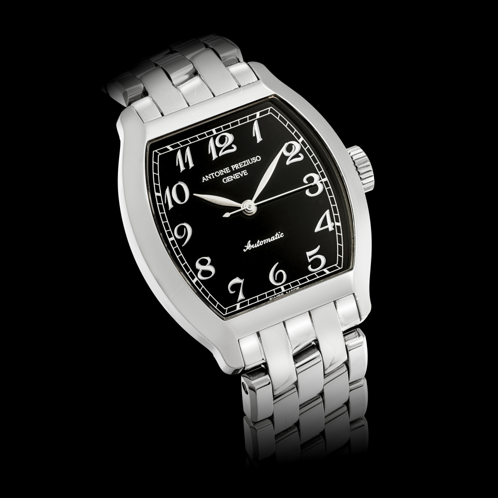 ANTOINE PREZIUSO. A STAINLESS STEEL LIMITED EDITION TONNEAU-SHAPED AUTOMATIC WRISTWATCH WITH SWEEP CENTRE SECONDS AND BRACELET