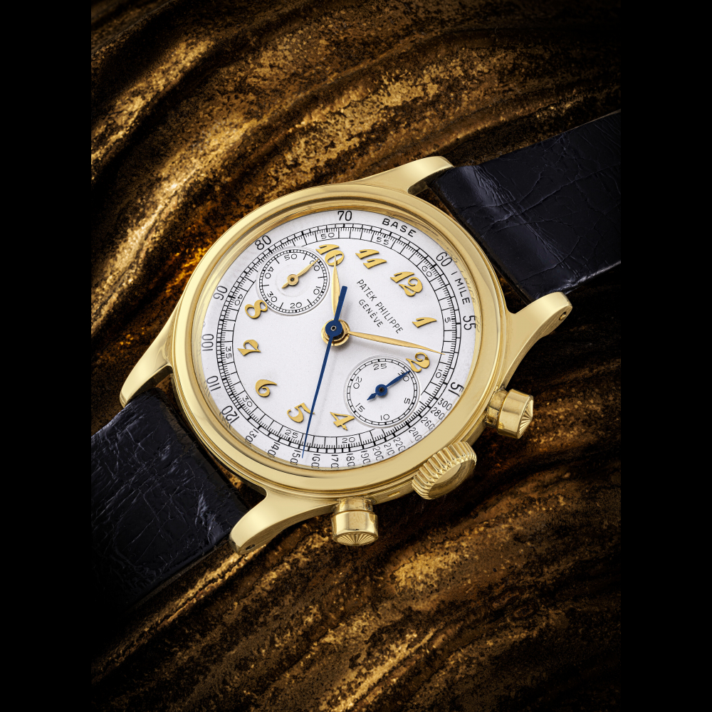 PATEK PHILIPPE. A HIGHLY ATTRACTIVE AND VERY RARE 18K GOLD CHRONOGRAPH WRISTWATCH WITH BREGUET NUMERALS AND TACHYMETRE SCALE