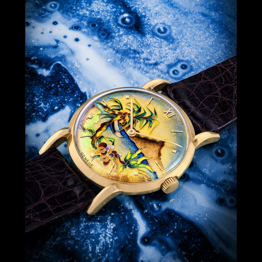 PATEK PHILIPPE. A HIGHLY APPEALING AND UNIQUE 18K PINK GOLD WRISTWATCH WITH CLOISONNÉ ENAMEL DIAL DEPICTING A TAHITI FOREST