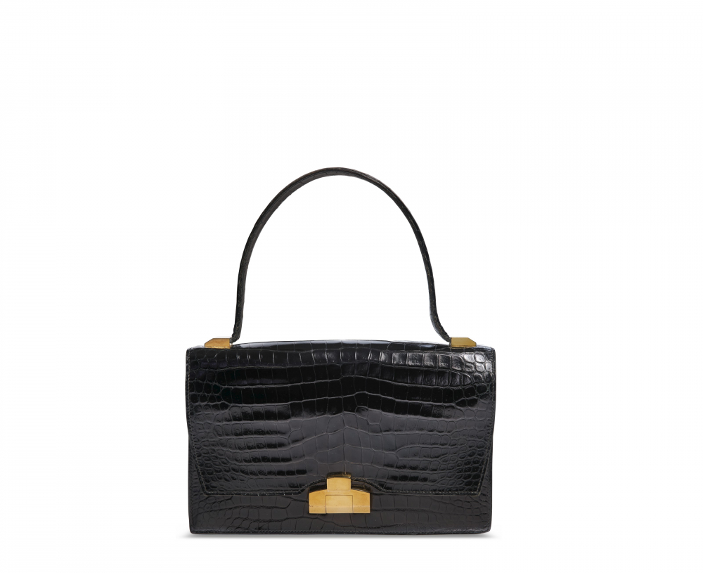 A SHINY BLACK POROSUS CROCODILE LIDO WITH GOLD HARDWARE - HERMÈS
