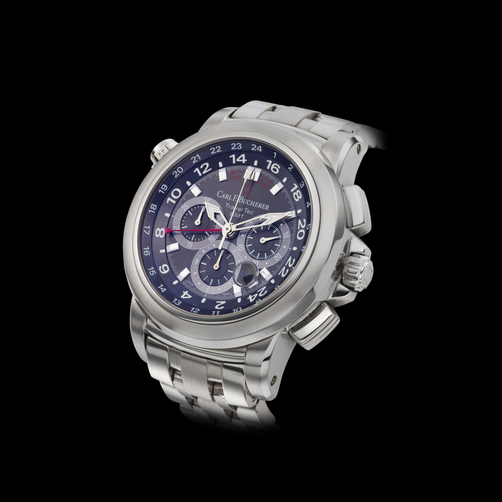 CARL F BUCHERER, PATRAVI TRAVEL-TEC CHRONOMETER, STAINLESS STEEL, CHRONOGRAPH AND THREE TIME ZONES -