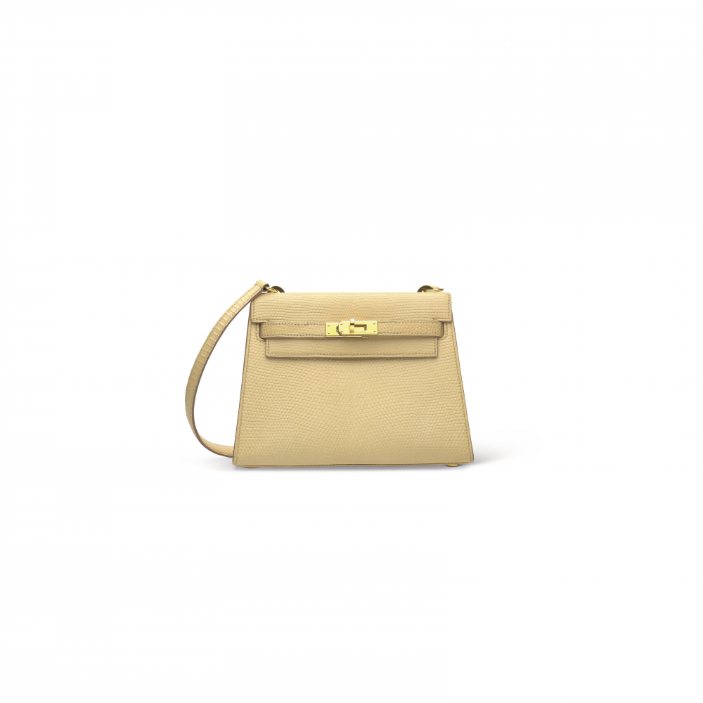 A MATTE PARCHEMIN NILOTICUS LIZARD SELLIER MINI SHOULDER KELLY 20 WITH GOLD HARDWARE